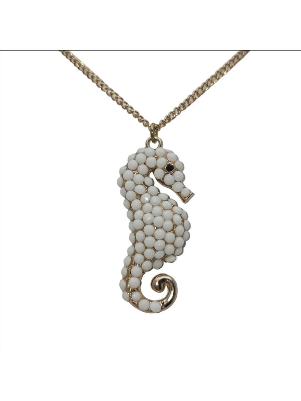 ✨2/$10✨ Vintage Seahorse Beach Charm Gold Tone White Stone Long Pendant Necklace